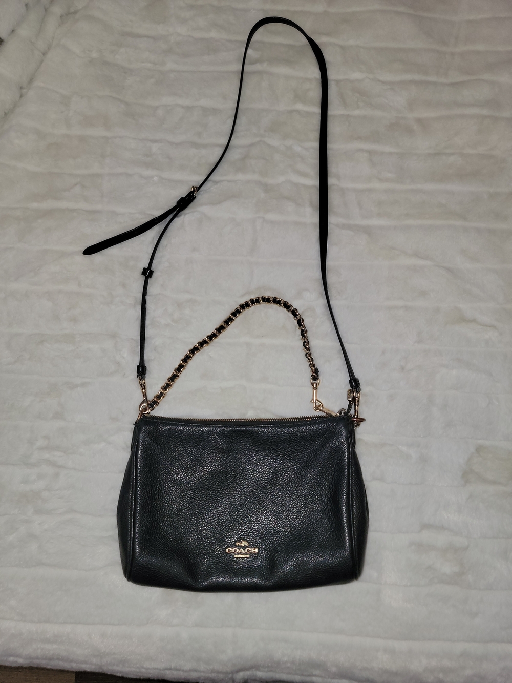 Coach Black Pebbled Leather Crossbody with Gold Chain Detail